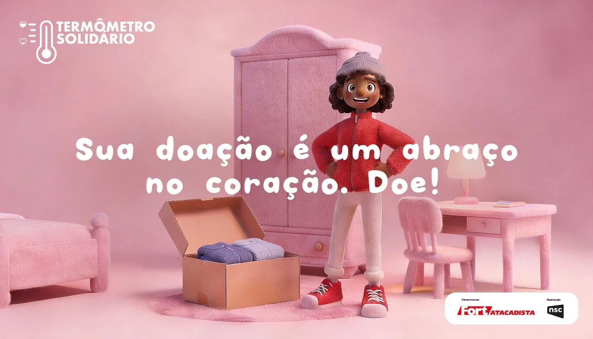 Cena em pelúcia da campanha do Termômetro Solidário